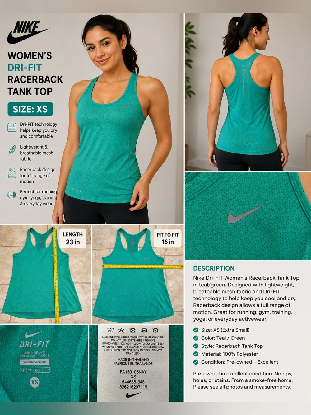 Nike Women’s Dri-FIT Racerback Tank Top XS Teal Green Mesh Running Athletic